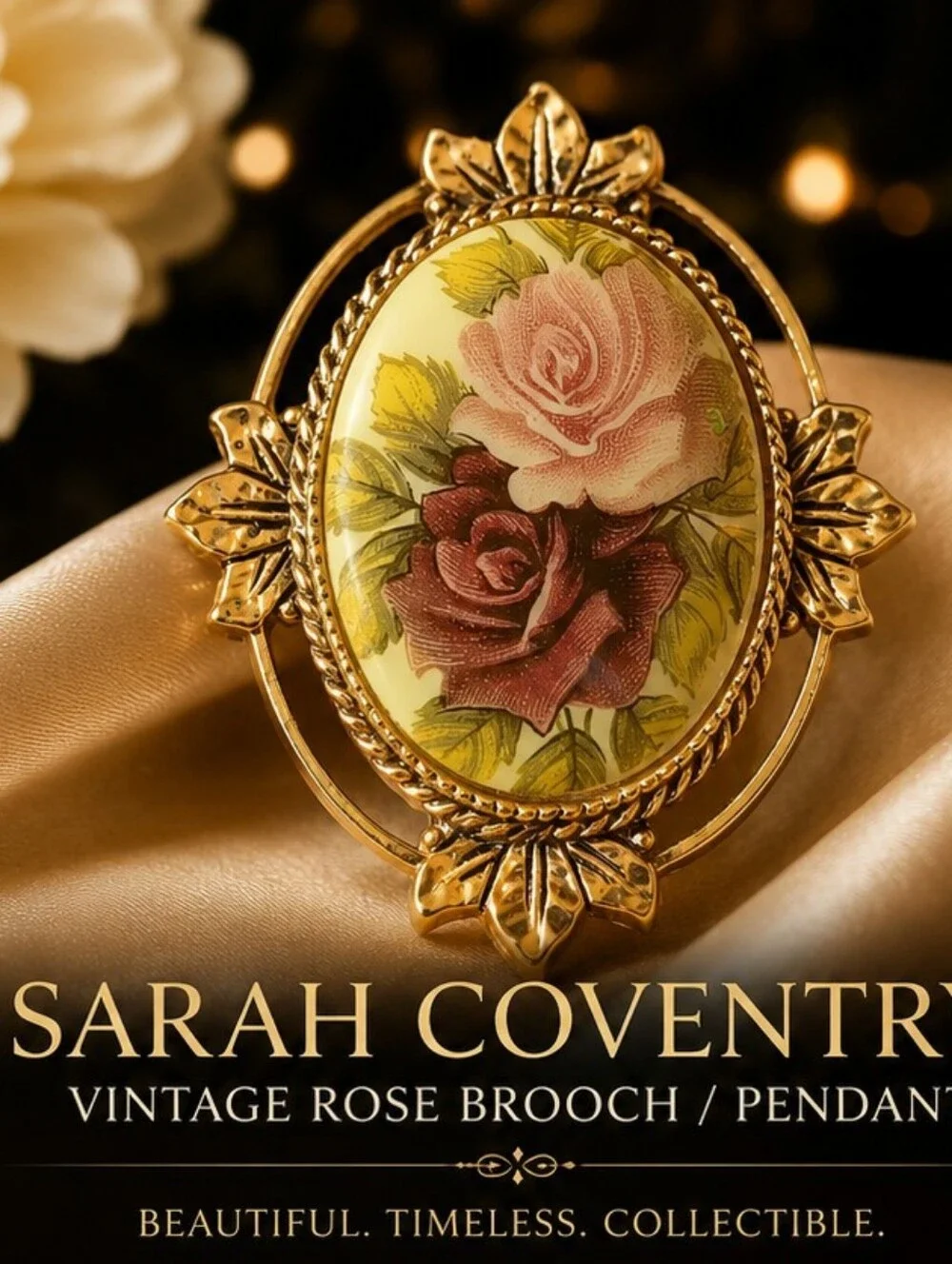 Vintage Sarah Coventry Rose Brooch Pendant Gold Tone Floral Convertible Signed